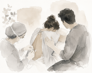 mother getting epidural assisted by partner